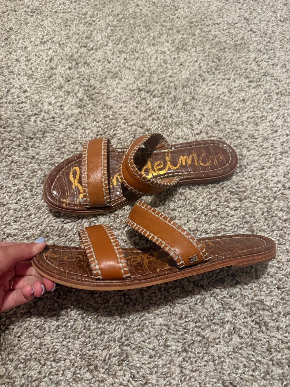 Sam Edelman Brown Leather Double-Strap Slide Sandals